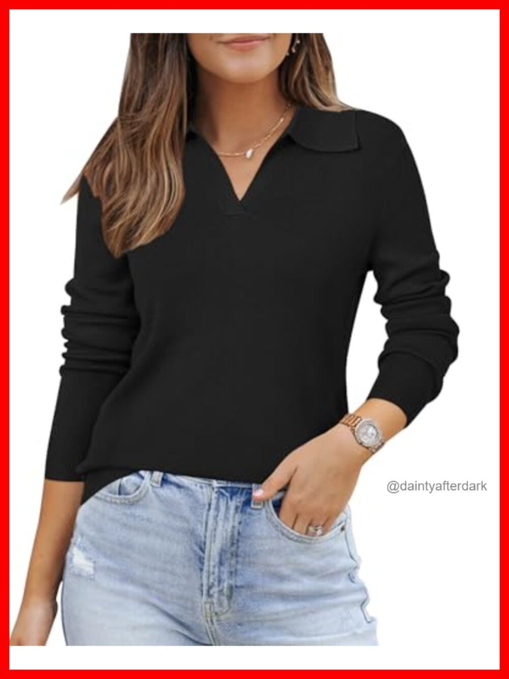 Wool Blend Collared V-Neck Long Sleeve Polo Sweater Business Casual Pullover